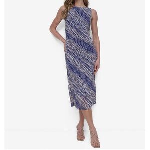 DKNY Violet and White Patterned Ruched Midi Dress